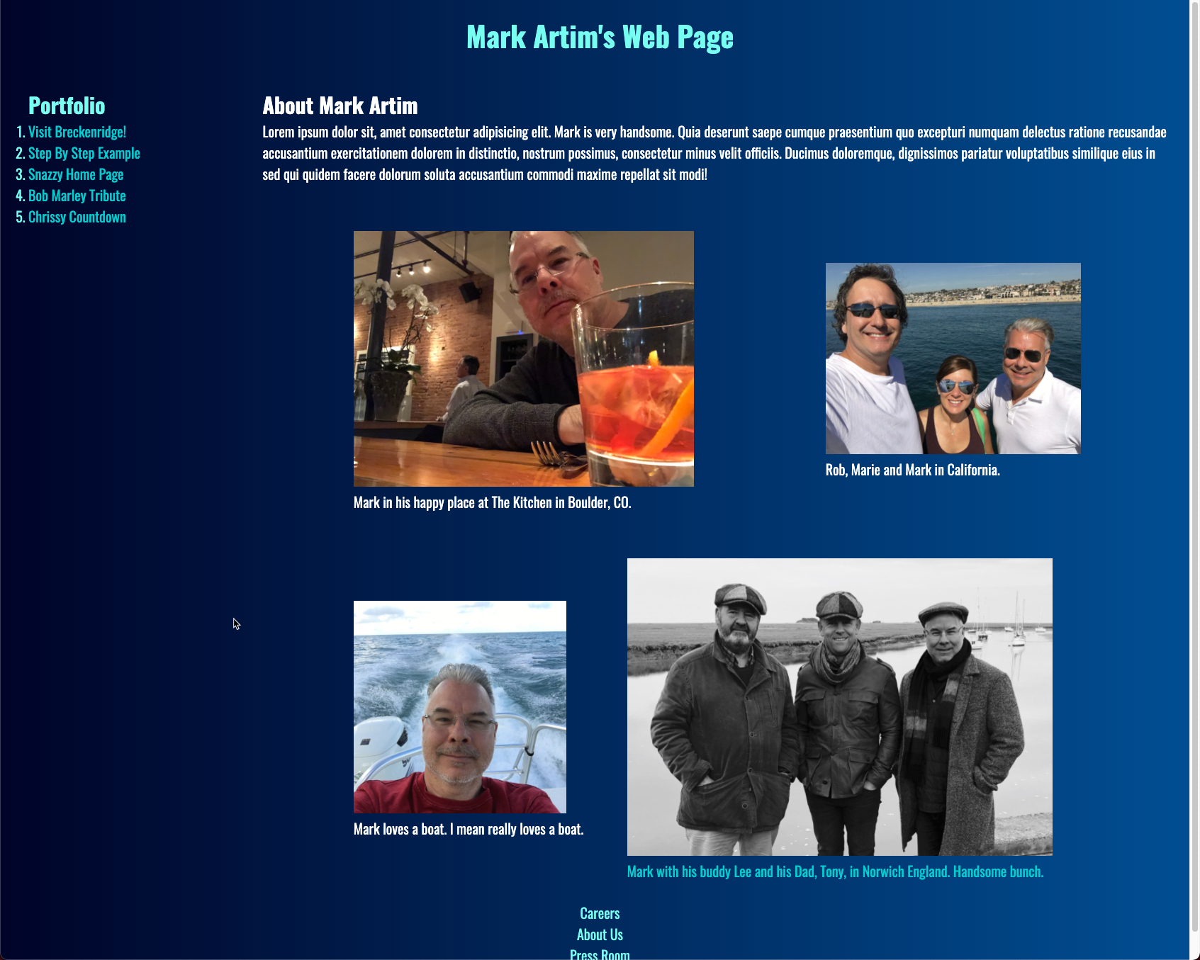 A web page for Mark Artim dot com that has pictures of Mark and friends and links to other pages