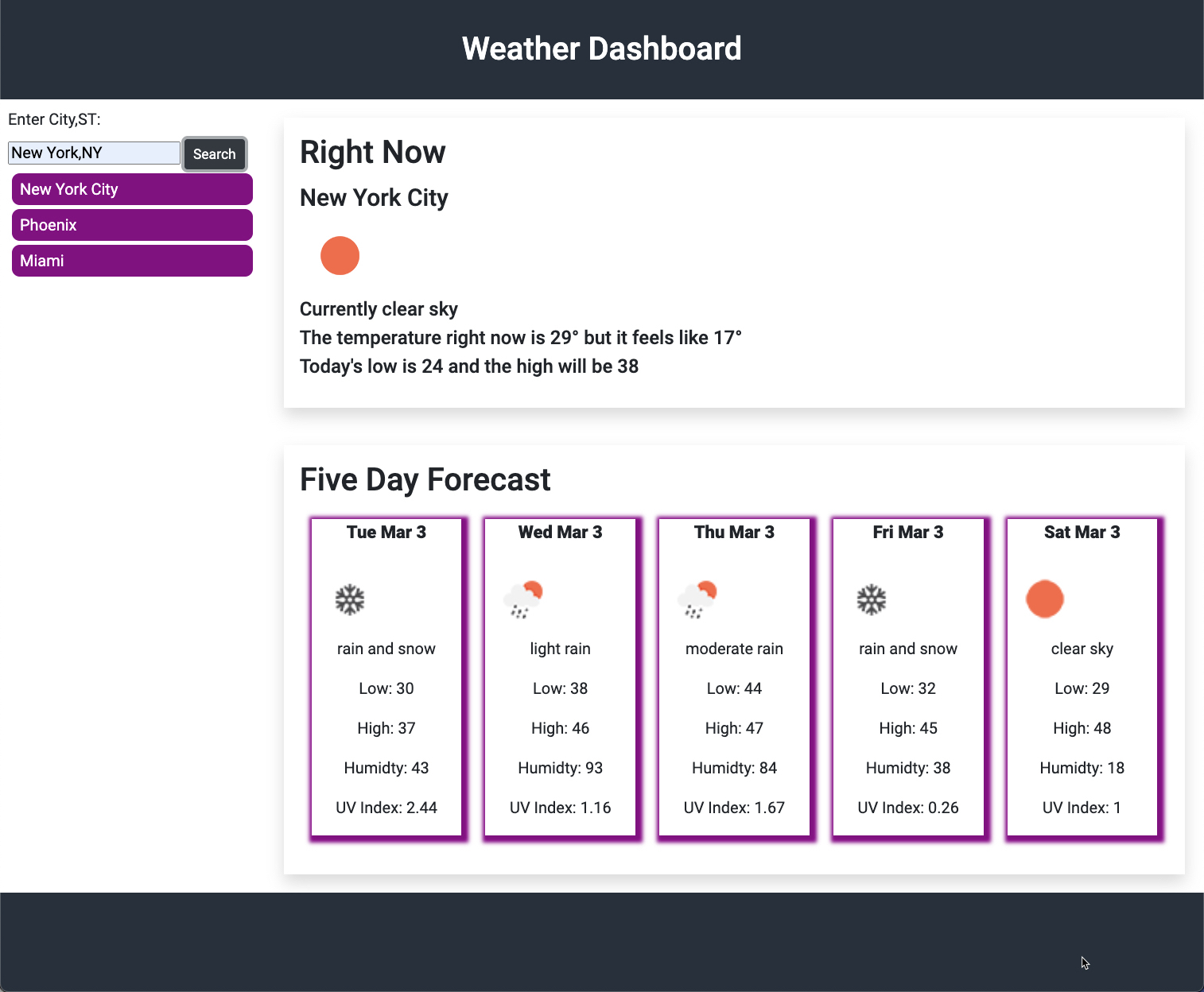 A web page for the Weather Dashboard that shows the current weather and a five day forecast